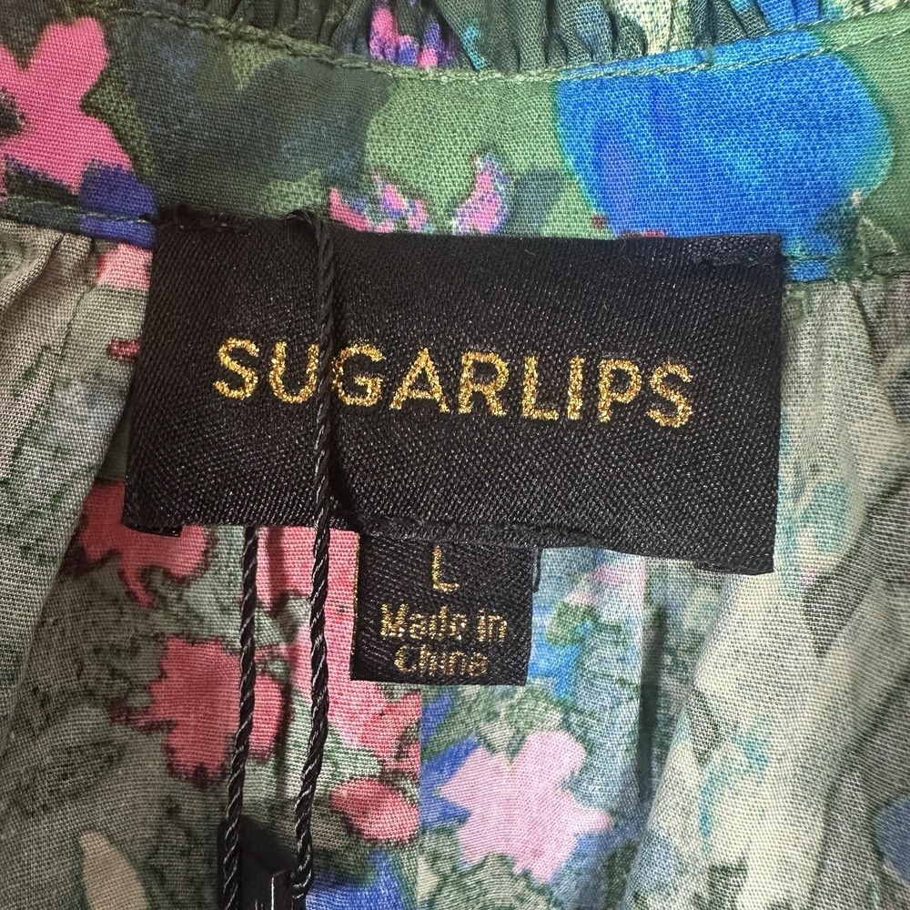 NEW Sugarlips Green Red Floral A-Line Dress Size Large Puff Sleeve V-Neck Cotton - Picture 4 of 5